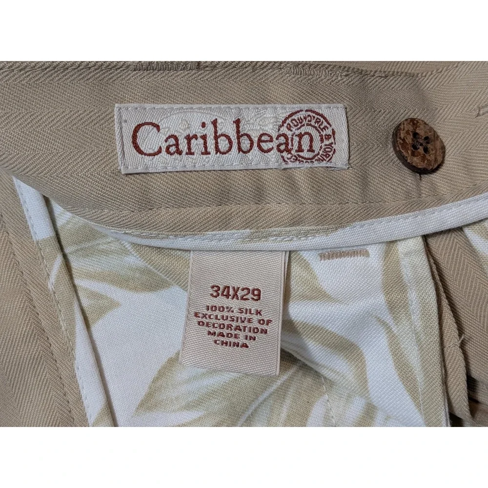 Roundtree & Yorke Caribbean Mens Pants Tan 34x29 100% Silk Herringbone Relaxed